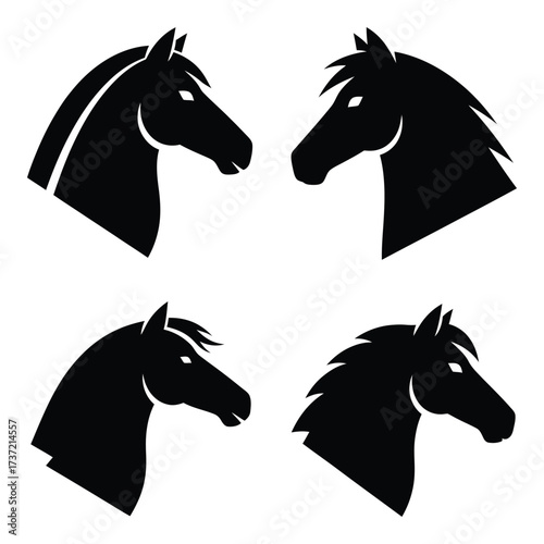 Four silhouette horse head profiles facing left and right in profile for equestrian themes silhouette