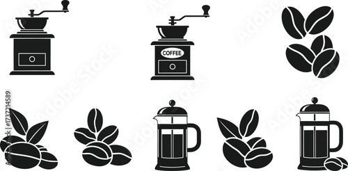 Collection of black coffee icons set of different coffee equipment and beans for cafe or restaurant