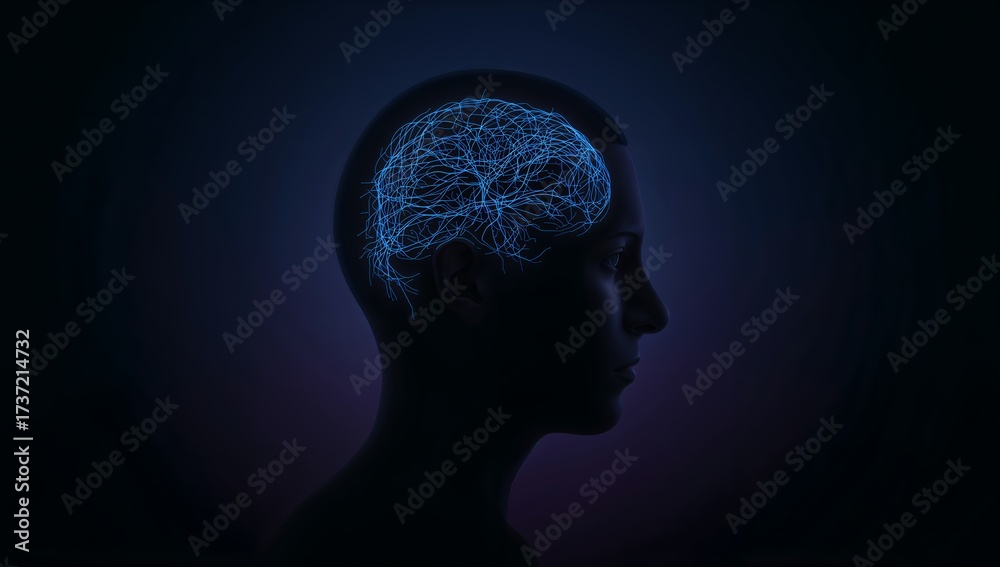Obraz premium Mind's Eye: A person's silhouette profile shows the intricate details of a glowing brain, highlighting the power of the mind and the beauty of human thought.