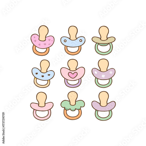Collection of colorful baby pacifiers in a grid layout