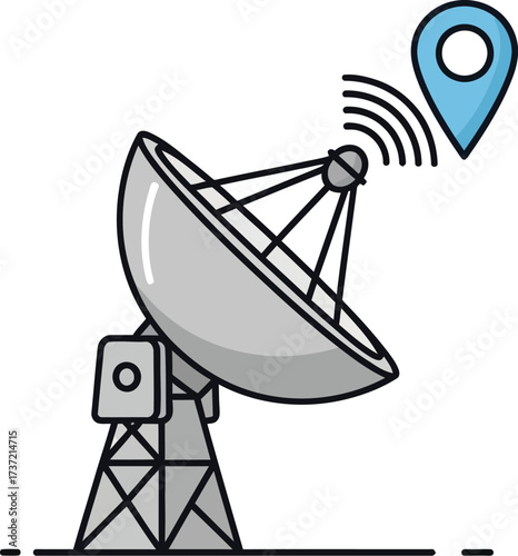 Satellite dish with location pin represents communication, navigation, and global positioning system