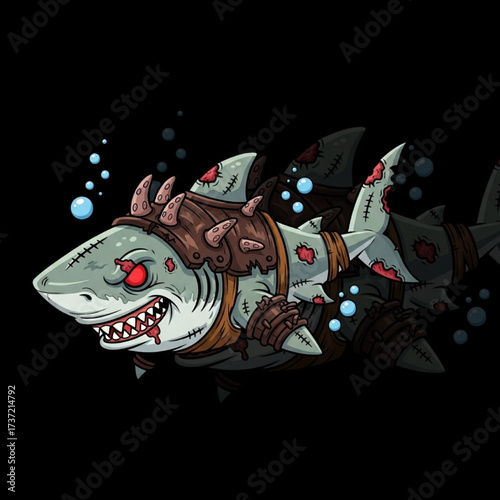 Armored Shark Mascot with Scars and Red Eyes – Dark Fantasy Cartoon Character Illustration