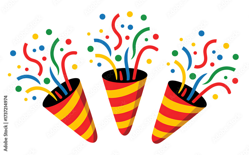 Obraz premium Exploding party poppers with colorful confetti streams festive celebration fun isolated on transparent background