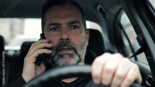 Man driving car talking on cell phone serious expression.