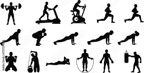 Fitness and workout vector illustration set sport exercise silhouette for gym, training and healthy lifestyle