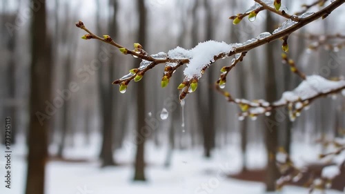 Melting Snow on Tree Branches in Winter Forest Landscape.