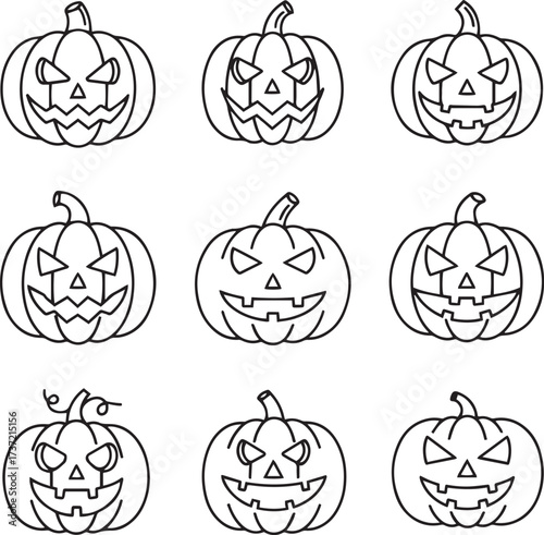 A precise grid display of nine black and white outlined illustrations, showcasing various carved pumpkins, commonly known as Jack-o'-lanterns. 