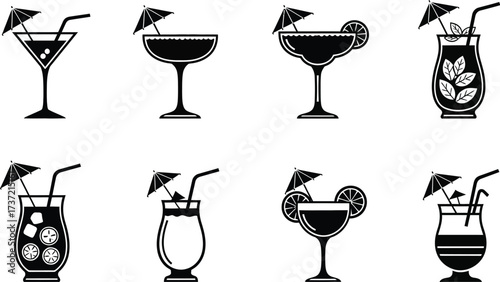 Cocktail glasses vector set collection of different types of alcoholic beverages with umbrellas and straws black and illustration