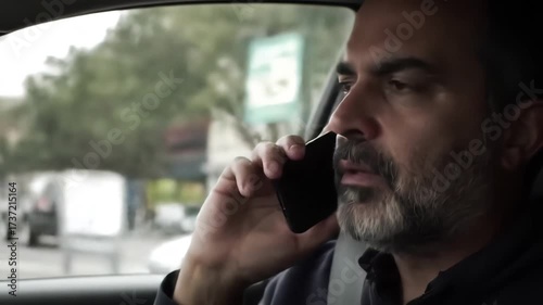 Mature Bearded Man Having a Serious Phone Conversation While Driving.