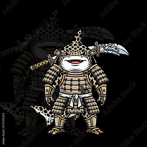 Samurai Shark Mascot in Armor with Polearm – Cartoon Warrior Character Illustration
