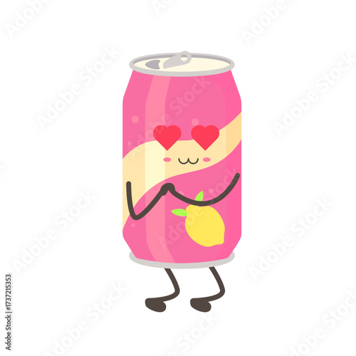 Cute pink soda can character with heart eyes