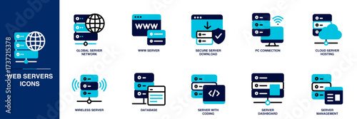 Web Servers Building Blue Colored Outline Icon Set