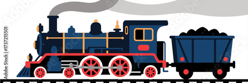 Steam Train with Coal Car on Tracks under Cloudy Sky