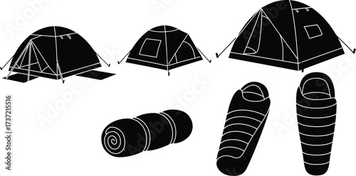 Camping equipment vector set collection of tents and sleeping bags for outdoor adventure and recreation