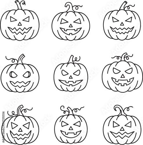  A precise grid display of nine black and white outlined illustrations, showcasing various carved pumpkins, commonly known as Jack-o'-lanterns. 