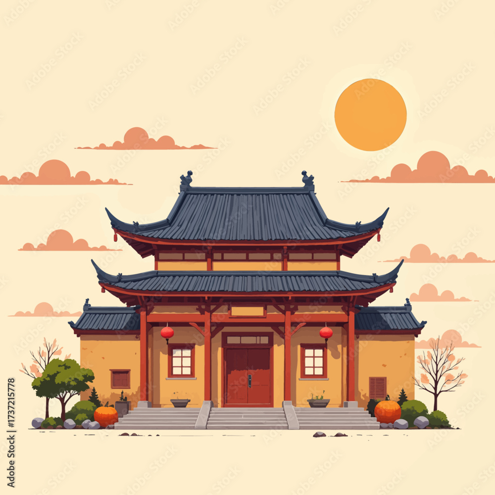 Fototapeta premium Traditional Asian Temple in Autumnal Serenity with Pumpkins