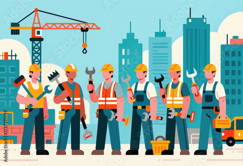 Teamwork on Construction Site with Tools and Skyline