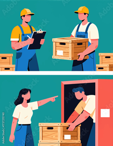 Teamwork in Warehouse: Organizing and Moving Crates