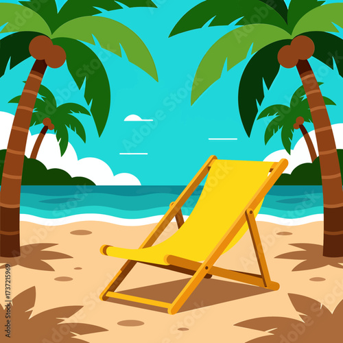 Tropical Beach Serenity: Yellow Lounger, Palm Trees, Turquoise Sea