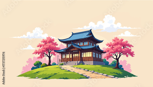 Traditional Asian Temple in Spring Blossoms