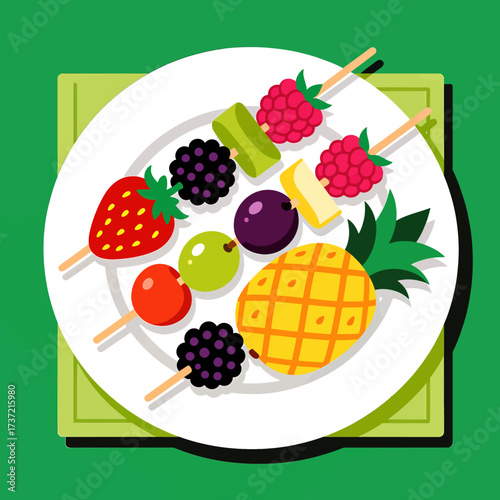 Tropical Fruit Skewers on White Plate with Pineapple and Berries