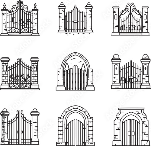 A collection of nine distinct black and white line art illustrations showcasing various gates and archways.