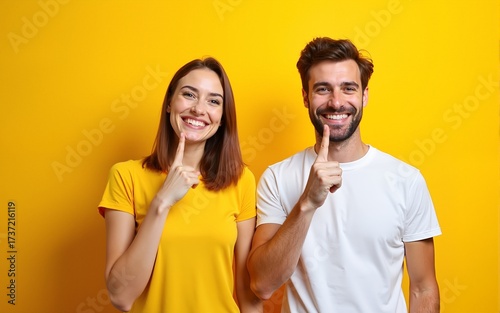 Photo of optimistic people man and woman in basic clothing smiling and holding finger at mouth, isolated over yellow background. High quality