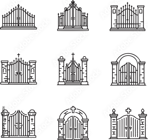 A collection of nine distinct black and white line art illustrations showcasing various gates and archways.