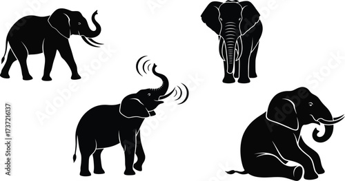 Collection of elephant silhouettes, showcasing various poses and activities in a simple yet elegant design style