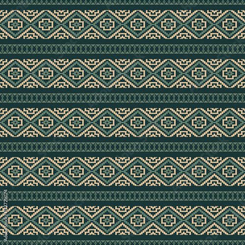 Green-Brown Tone Traditional Embroidery Art Abstract with Pixel Art Designs for Textile Print