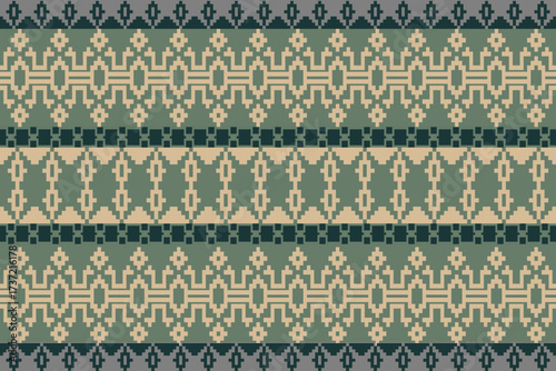 Green-Brown Tone Traditional Embroidery Art Abstract with Pixel Art Designs for Textile Print