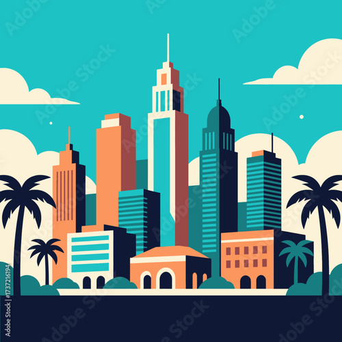 Tropical Cityscape: Skyscrapers and Palms Under Blue Sky