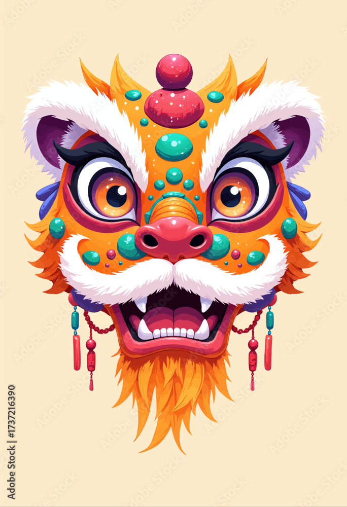 Fototapeta premium Vibrant Lion Dance Mask Celebrating Chinese Festival with Decorative Beads