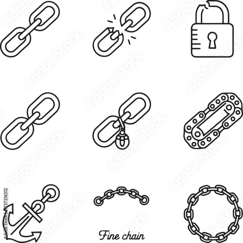  A set of nine monochrome line art icons representing various concepts of connection, integrity, and security. 
