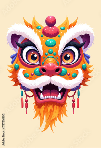 Vibrant Lion Dance Mask Celebrating Chinese Festival with Decorative Beads