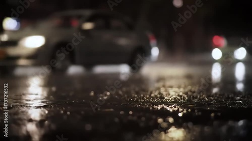 Rainy Night on a City Street with Car Headlights and Reflections.
