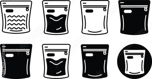 Set of Zipper Bags Icons: Filled, Empty, and Wavy Contents