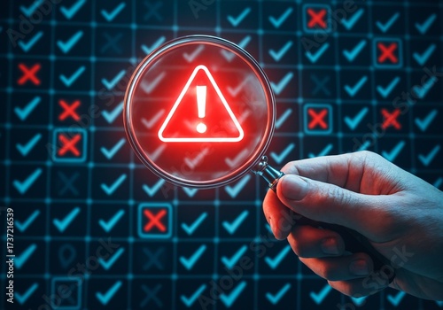 Cybersecurity Warning Alert Under Magnifying Glass with Error Signs.
