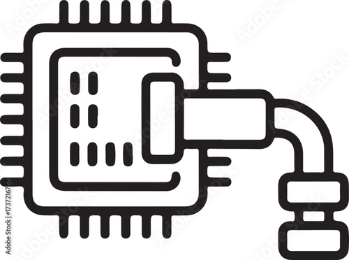 Stylized line art icon of a computer microchip connected to a cable