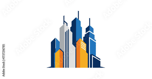 A flat vector abstract construction logo featuring tall skyscraper buildings with geometric lines