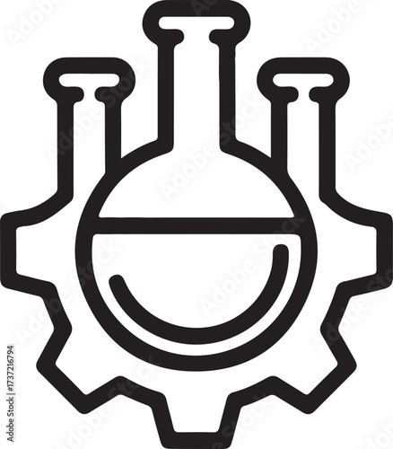 Abstract icon combining a laboratory flask with a gear symbolizing science and industry