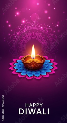 Happy diwali greeting with a glowing diya lamp on a decorative mandala, celebrating the festival of lights with vibrant colors
