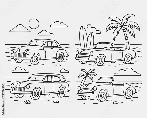 Vintage Cars at the Beach Line Art Illustration Retro Convertible Car Line Art – Summer Beach Scene Drawing