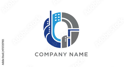 A flat vector abstract letter O construction logo shaped with circular office building design