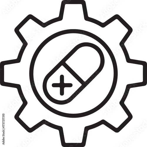 Medical gear icon symbolizing pharmaceutical production and healthcare technology innovation