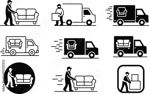 Moving and Delivery Icons: Furniture, Trucks, and Movers
