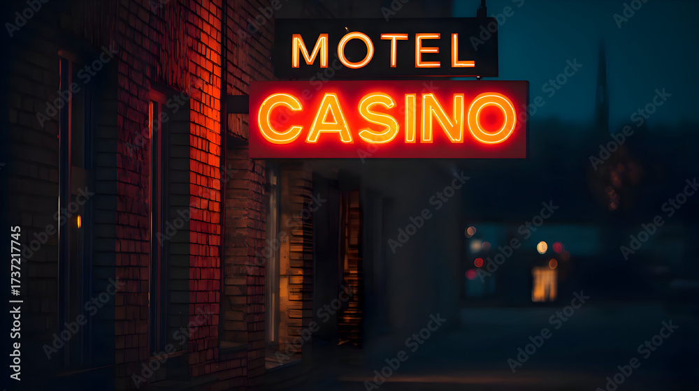 Fototapeta premium Glowing Motel Casino Neon Sign on Brick Building at Night