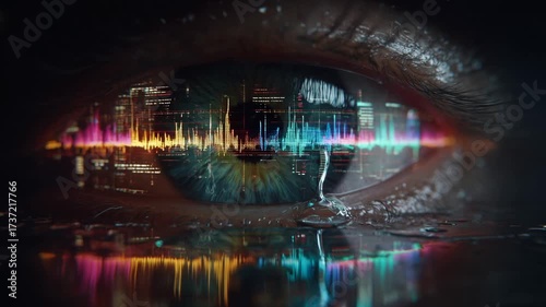  close-up of a human eye reflected showing multiple colorful audio spectrums