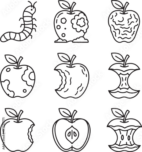This black and white line art illustration set showcases the various stages of an apple's natural journey, from its initial decay to its complete consumption. It includes a caterpillar, apples with si