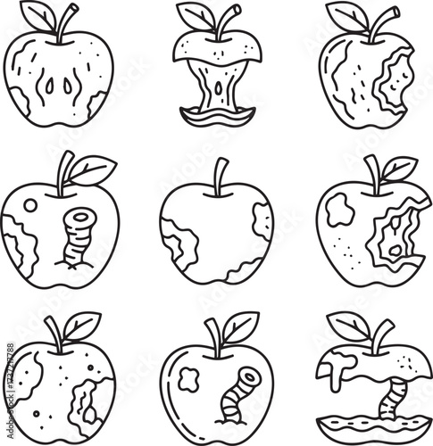  This grid showcases nine distinct black and white outline illustrations of apples, each depicting a different condition or stage.